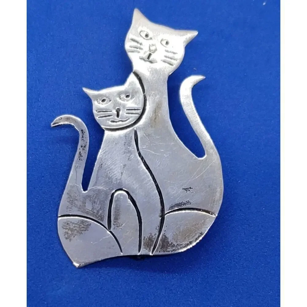 Vintage Brooch Cat & Kitten 925 Sterling Silver Mexico Cats MCM 1960s Cat Lover